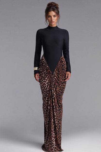 Black Matte Stretch Knit Maxi Dress with Leopard Print Draped Skirt black matte stretch knit maxi dress - product view 1