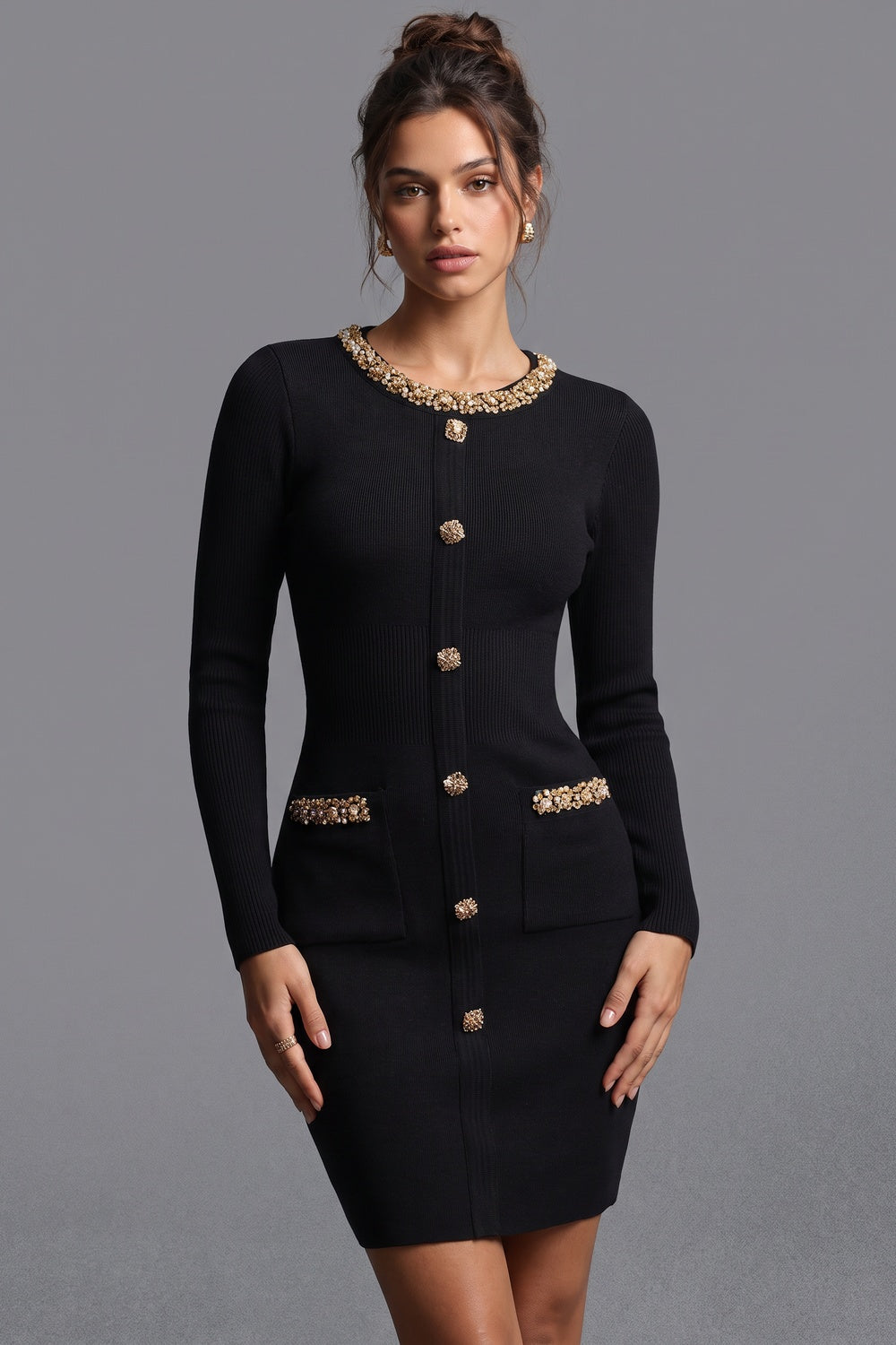 Black Ribbed Knit Bodycon Mini Dress with Gold Embellishment black ribbed knit dress - product view 1