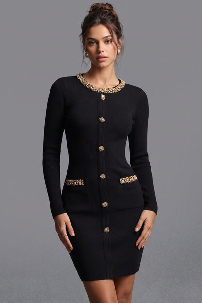 Black Ribbed Knit Bodycon Mini Dress with Gold Embellishment black ribbed knit dress - product view 1