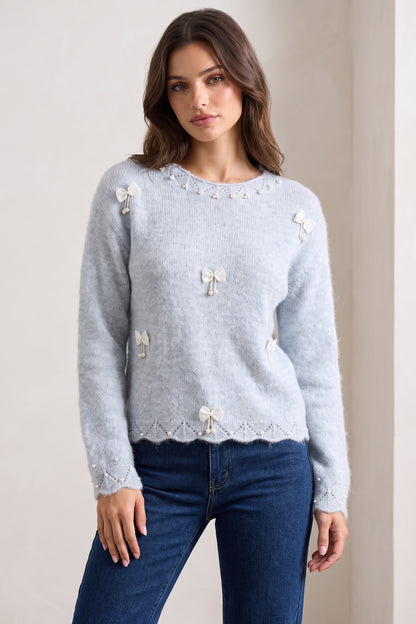 Light Ice Blue Fuzzy Mohair-Blend Knit Sweater light ice blue fuzzy mohair-blend knit sweater - product view 1