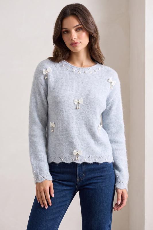 Light Ice Blue Fuzzy Mohair-Blend Knit Sweater light ice blue fuzzy mohair-blend knit sweater - product view 1