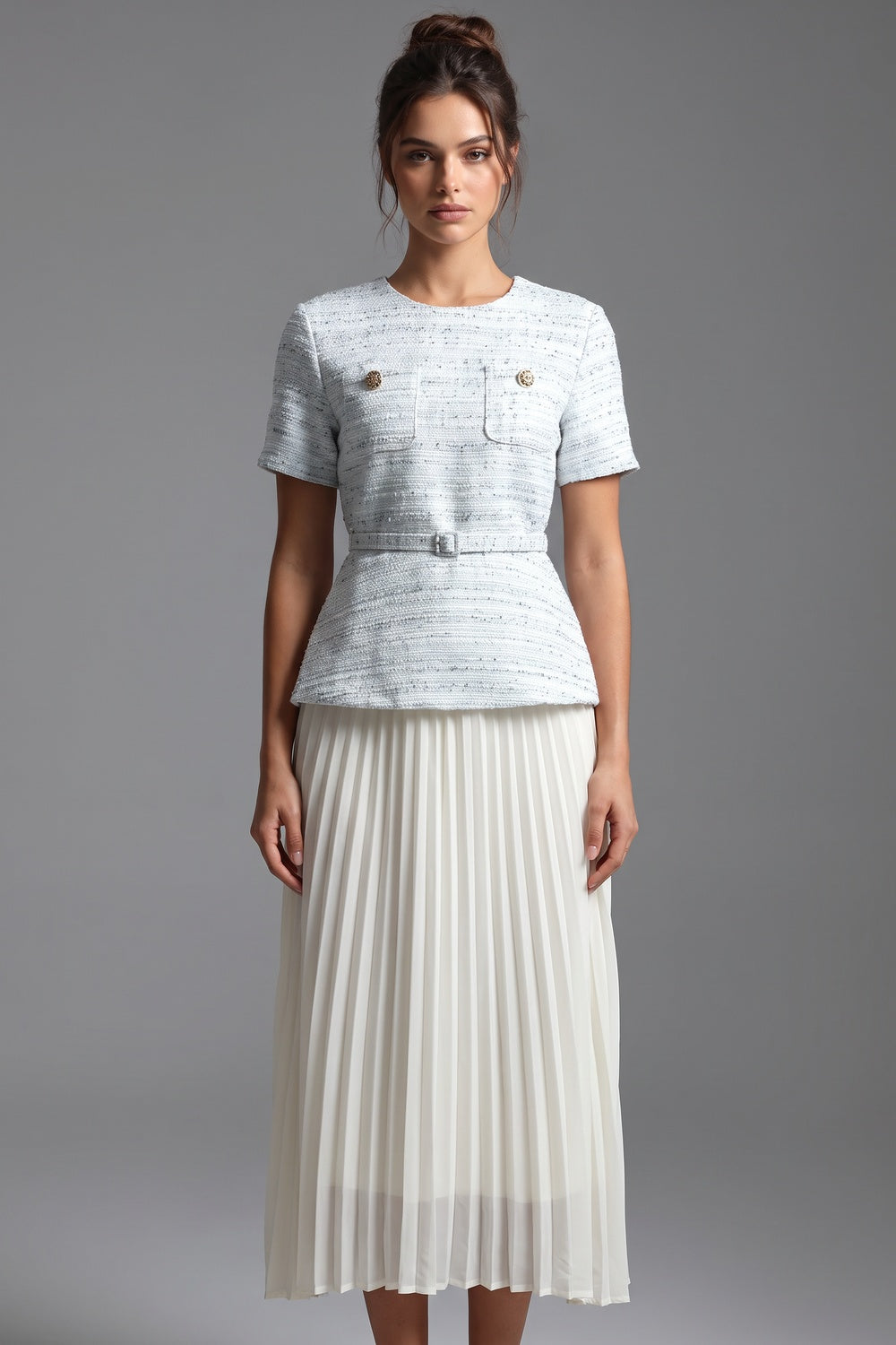 Light Blue Tweed Peplum Top with Pleated Midi Skirt Two-Piece Set light blue, white tweed top, chiffon or lightweight crepe skirt two-piece set - product view 1