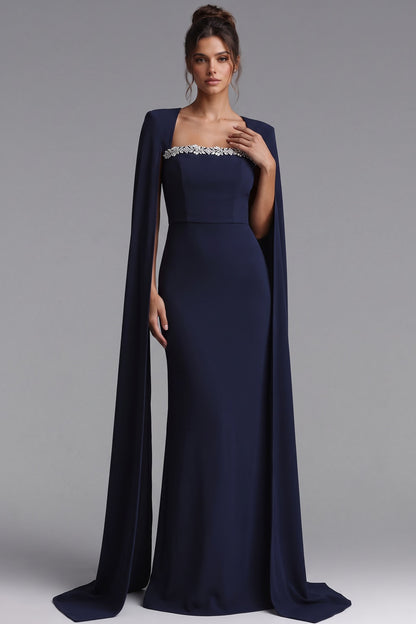 Navy Beaded Cape Sleeve Mermaid Evening Gown