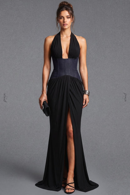 Black Two-Tone Halter Gown with Structured Corset Waist and High Slit black lightweight jersey or crepe gown - product view 1