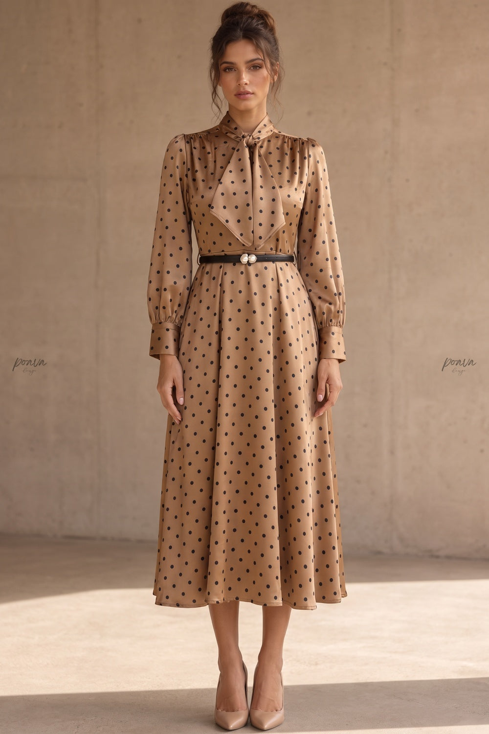 Bronze-gold Satin Polka Dot A-line Midi Dress Bronze-gold Satin Midi dress - product view 1