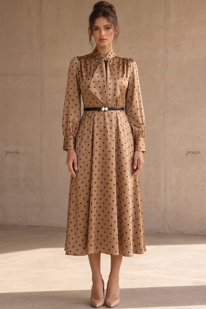 Bronze-gold Satin Polka Dot A-line Midi Dress Bronze-gold Satin Midi dress - product view 1