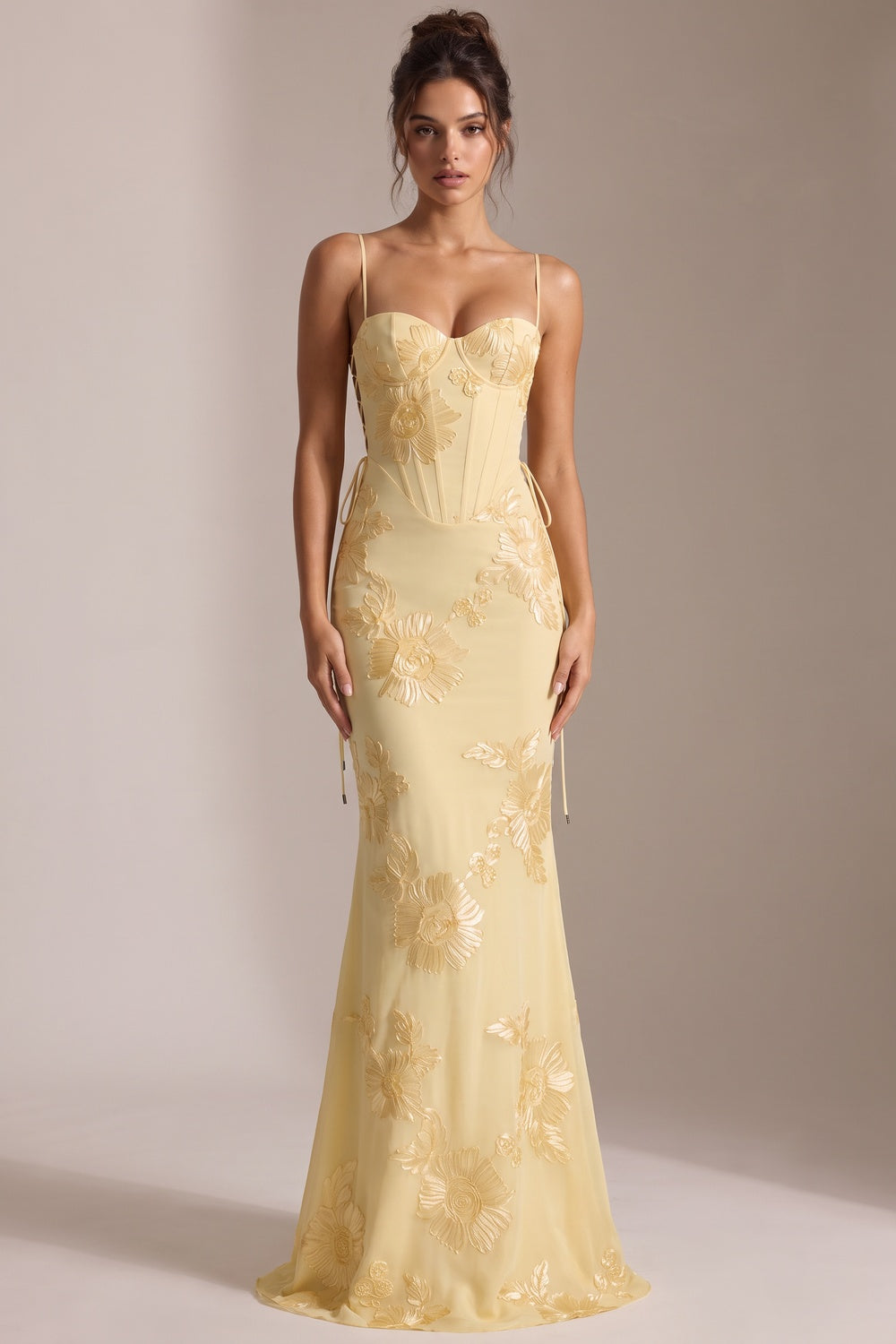 Pale Yellow Embroidered Organza Overlay Mermaid Gown pale yellow embroidered organza overlay gown - product view 1