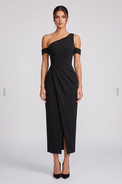 Asymmetrical One-Shoulder Black Crepe Sheath Dress black crepe dress - product view 1