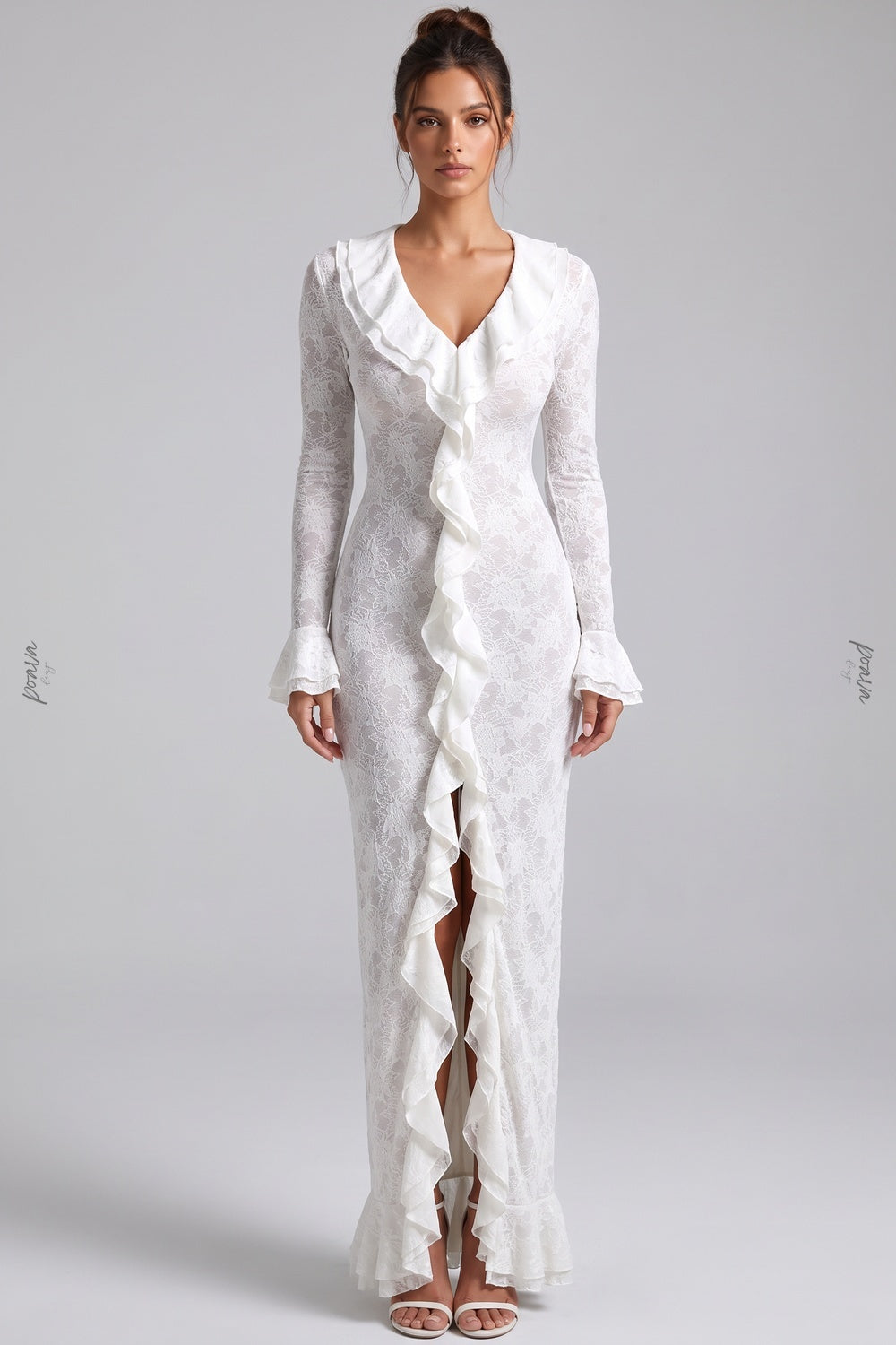 White Floral Stretch Lace Sheath Maxi Dress white floral stretch lace maxi dress - product view 1