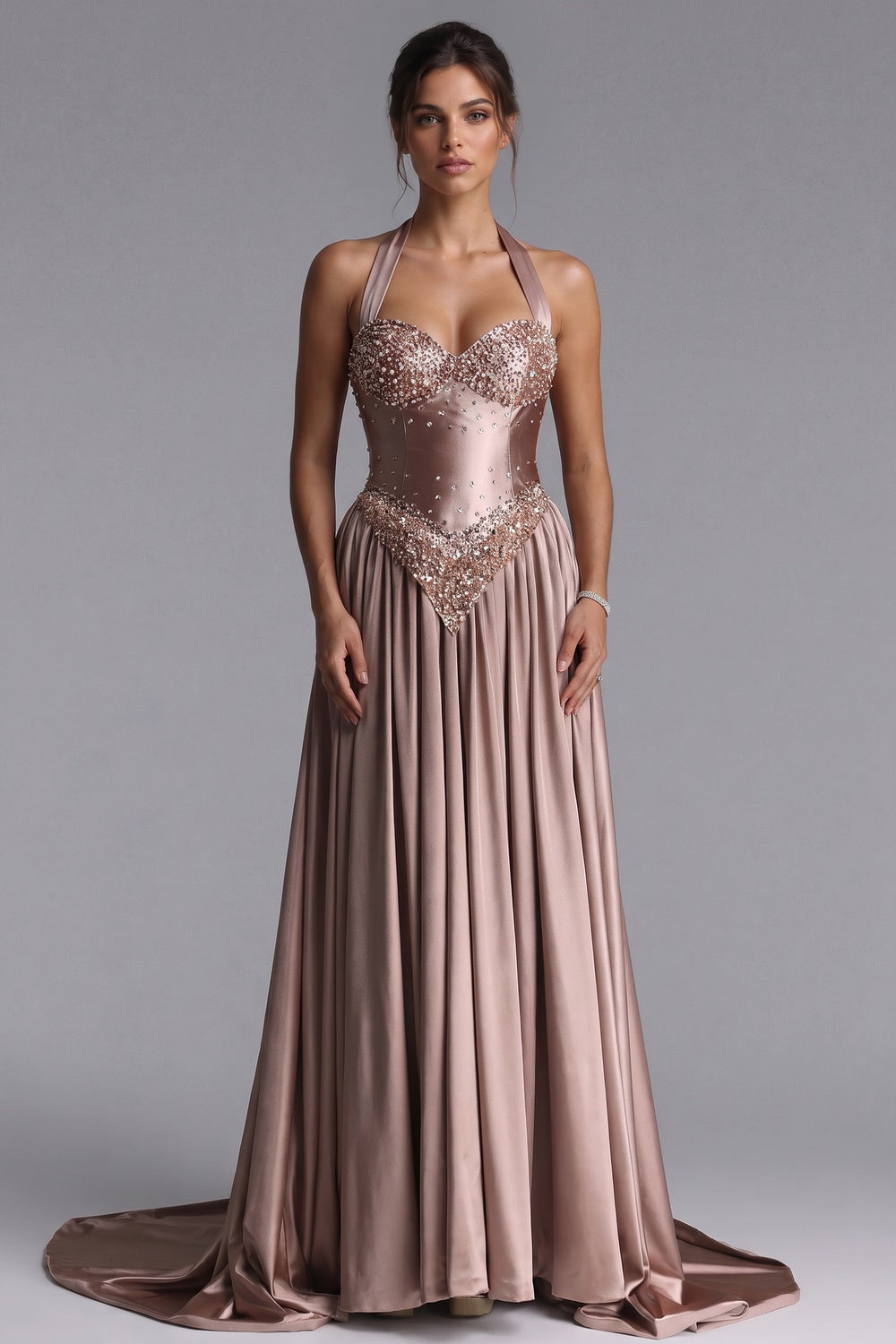 Rose Gold Satin A-Line Evening Gown rose gold, dusty rose satin evening gown - product view 1