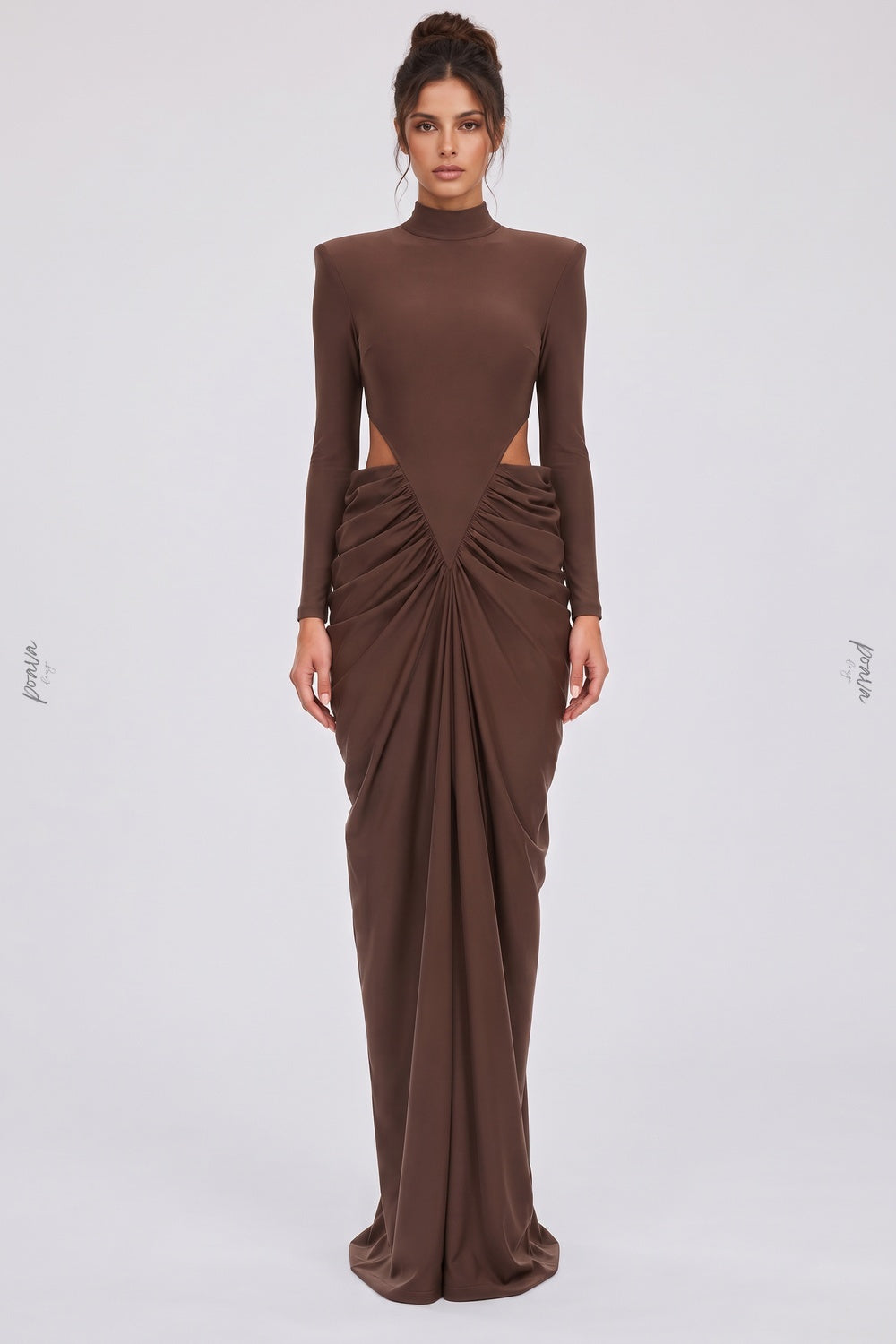 Chocolate Brown Matte Jersey Column Gown with Structured Shoulders chocolate brown matte stretch jersey gown - product view 1