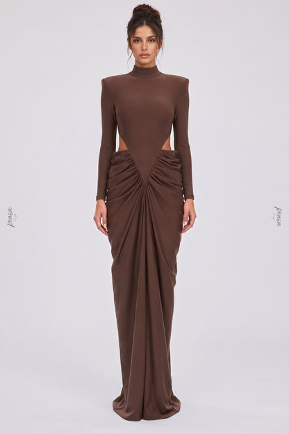 Chocolate Brown Matte Jersey Column Gown with Structured Shoulders chocolate brown matte stretch jersey gown - product view 1