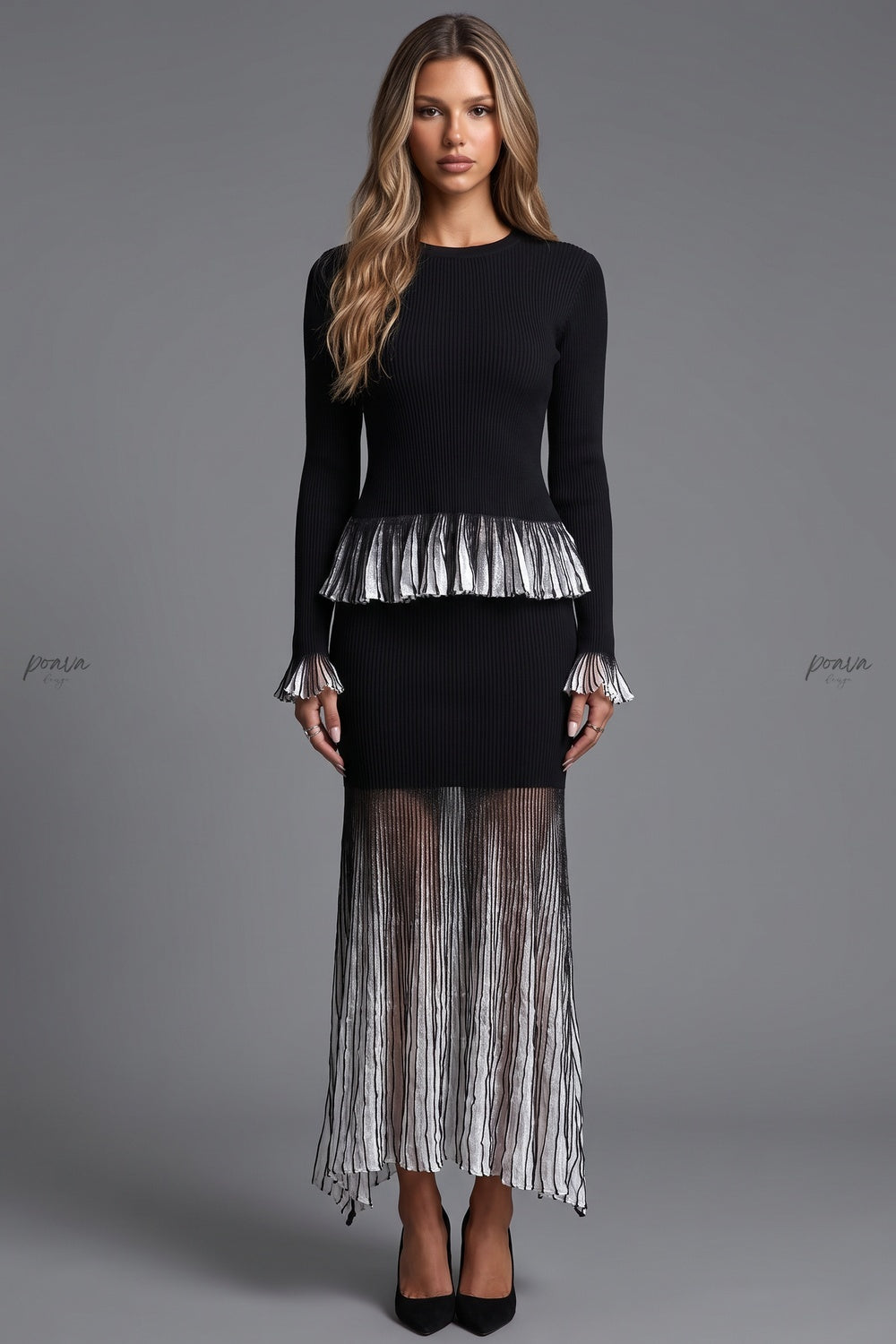 Black Ribbed Knit Two-Piece Set with Metallic Pleated Peplum black ribbed knit two-piece set - product view 1