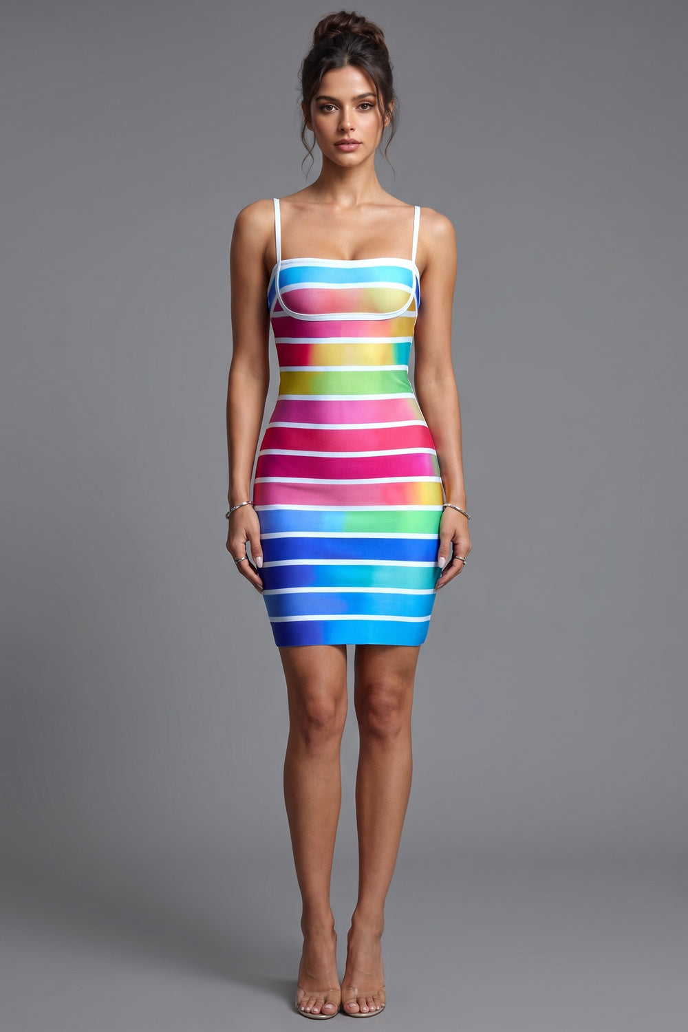 Rainbow Gradient Striped Bodycon Mini Dress blue, green, yellow, pink, purple heavy stretch knit dress - product view 1