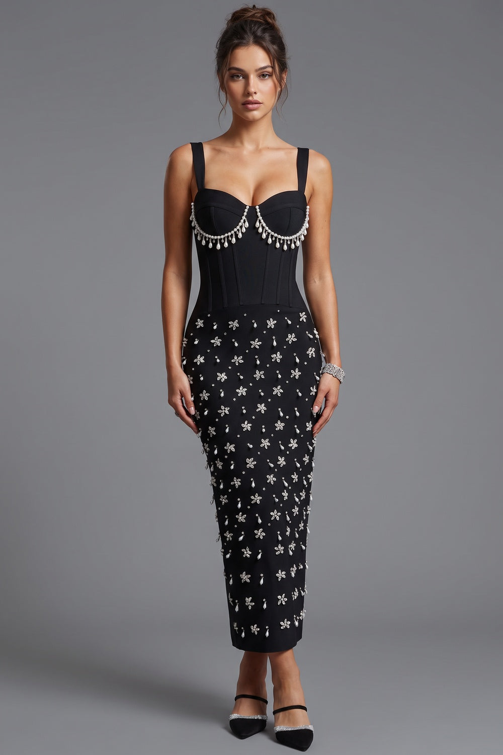 Black Sheath Midi Dress with Pearl and Crystal Fringe black heavy stretch knit midi dress - product view 1