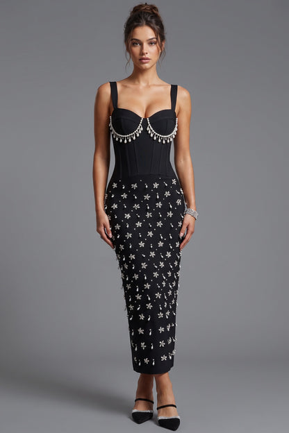 Black Sheath Midi Dress with Pearl and Crystal Fringe black heavy stretch knit midi dress - product view 1