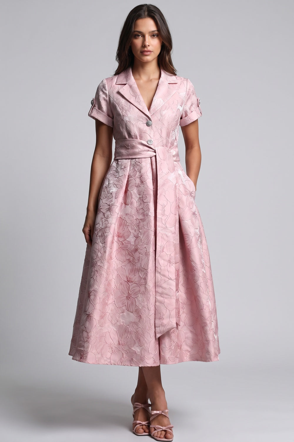 Pale Pink Floral Jacquard Fit-and-Flare Midi Dress with Metallic Sheen Pale pink Floral jacquard / brocade Midi dress - product view 1