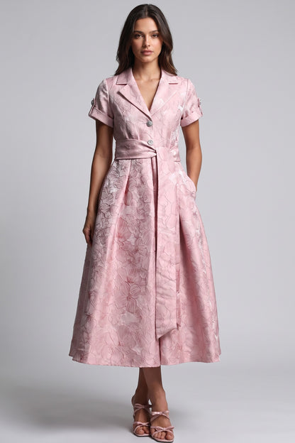 Pale Pink Floral Jacquard Fit-and-Flare Midi Dress with Metallic Sheen Pale pink Floral jacquard / brocade Midi dress - product view 1