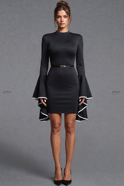 Black Bodycon Mini Dress with Tiered Bell Sleeves black stretchy synthetic blend dress - product view 1