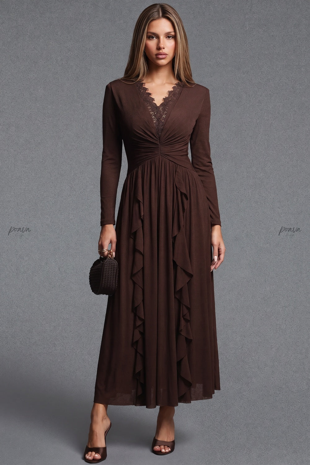 Dark Brown A-Line Maxi Dress with Lace Trim V-Neck and Cascading Ruffles dark brown lightweight knit jersey dress - product view 1