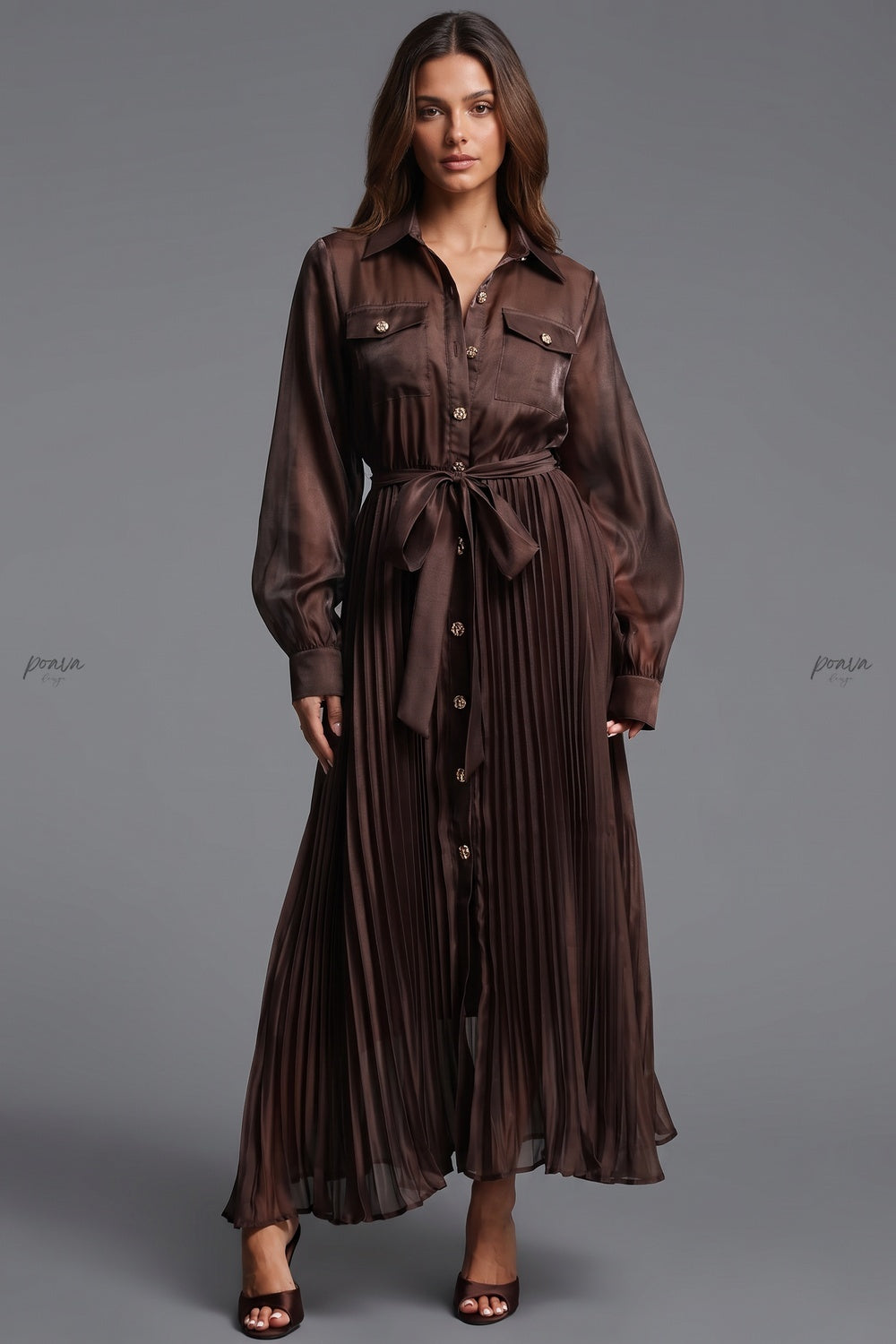 Chocolate Brown Semi-Sheer Organza-Like A-Line Maxi Shirt Dress chocolate brown semi-sheer organza-like fabric maxi shirt dress - product view 1