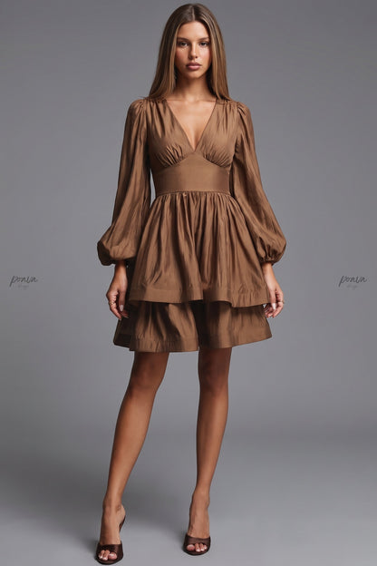 Bronze Brown Taffeta-Like Fit-and-Flare Tiered Mini Dress bronze brown taffeta-like synthetic or silk blend dress - product view 1