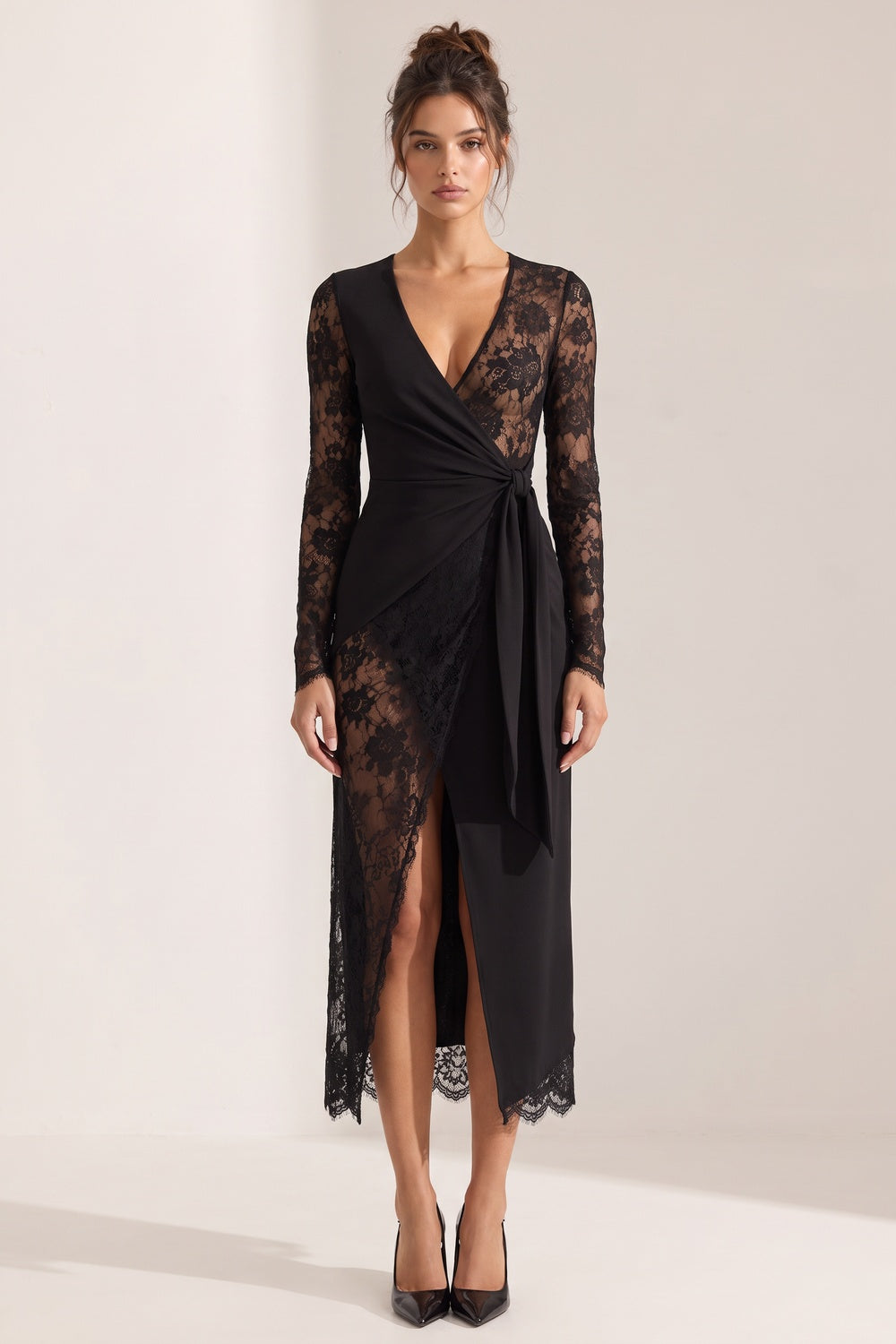 Asymmetrical Wrap Maxi Dress in Black Opaque Crepe with Floral Lace Panels black opaque black crepe dress - product view 1