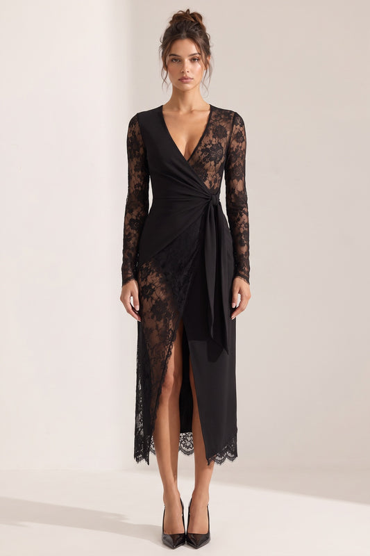 Asymmetrical Wrap Maxi Dress in Black Opaque Crepe with Floral Lace Panels black opaque black crepe dress - product view 1