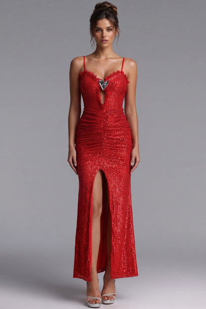 Red Sequined Mesh Bodycon Column Evening Gown red sequined mesh evening gown - product view 1