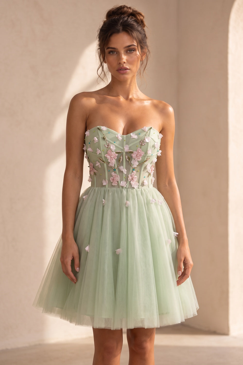 Light Sage Green Tulle A-Line Fit-and-Flare Dress with 3D Floral Appliques light sage green tulle dress - product view 1