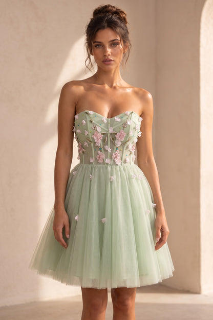 Light Sage Green Tulle A-Line Fit-and-Flare Dress with 3D Floral Appliques light sage green tulle dress - product view 1