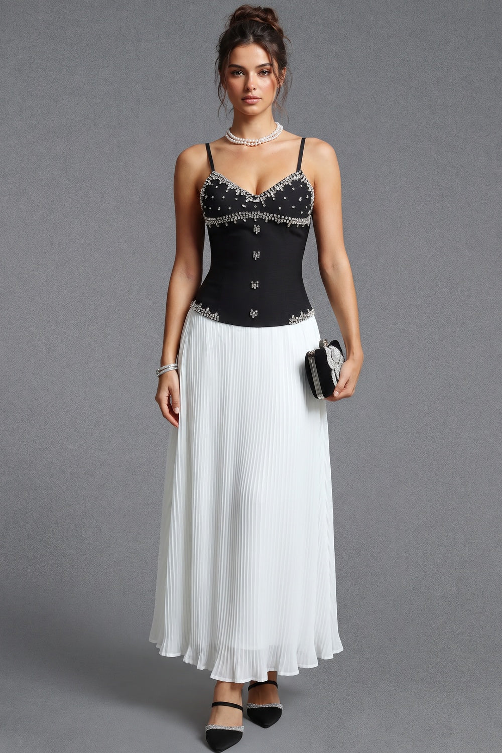 Black Embellished Corset Bodice and White Pleated Maxi Skirt Two-Piece Dress Set black, white structured crepe or satin blend for bodice; lightweight chiffon for skirt two-piece dress set - product view 1