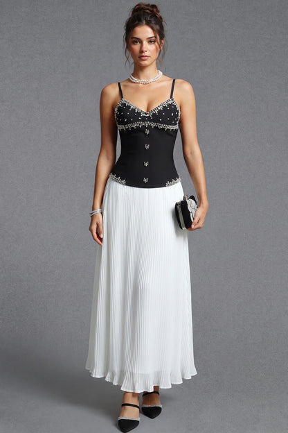 Black Embellished Corset Bodice and White Pleated Maxi Skirt Two-Piece Dress Set black, white structured crepe or satin blend for bodice; lightweight chiffon for skirt two-piece dress set - product view 1