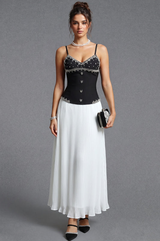 Black Embellished Corset Bodice and White Pleated Maxi Skirt Two-Piece Dress Set black, white structured crepe or satin blend for bodice; lightweight chiffon for skirt two-piece dress set - product view 1