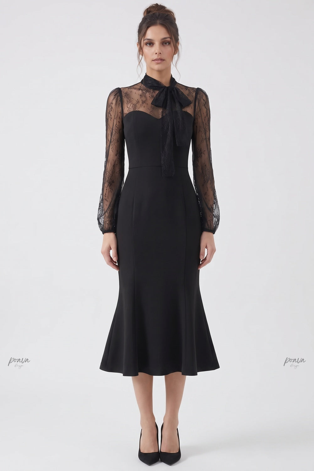 Black Crepe Mermaid Dress with Sheer Floral Lace Sleeves black crepe dress - product view 1