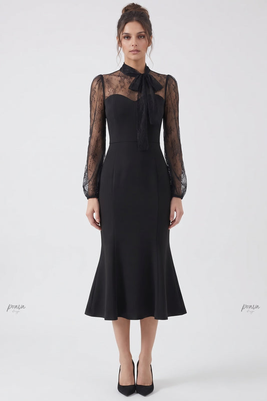 Black Crepe Mermaid Dress with Sheer Floral Lace Sleeves black crepe dress - product view 1