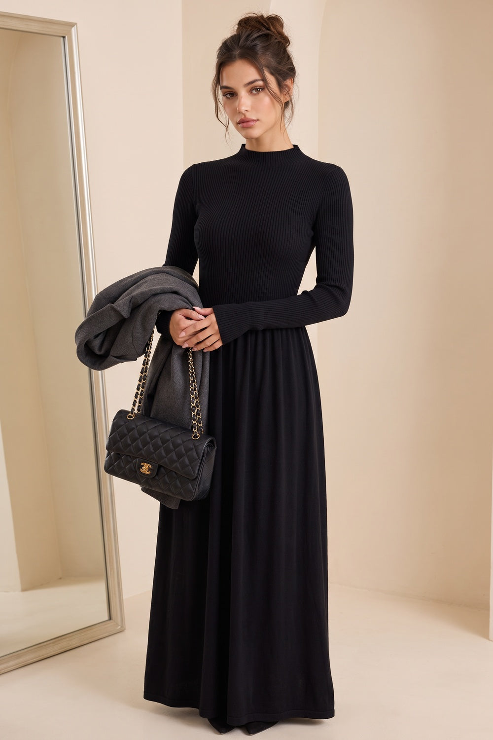 Black Ribbed Knit Mock Neck Maxi Dress black fine ribbed knit dress - product view 1