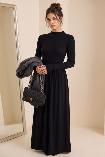 Black Ribbed Knit Mock Neck Maxi Dress black fine ribbed knit dress - product view 1