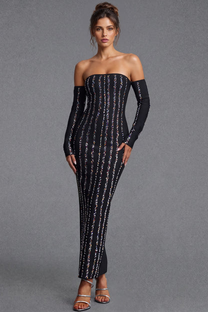 Black Strapless Maxi Dress with Detached Sleeves black heavy stretch knit strapless maxi dress with detached sleeves - product view 1