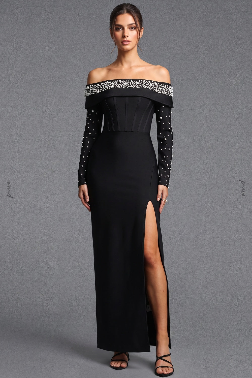 Black Heavy Stretch Crepe Column Evening Gown with Pearl Embellishment black heavy stretch crepe evening gown - product view 1