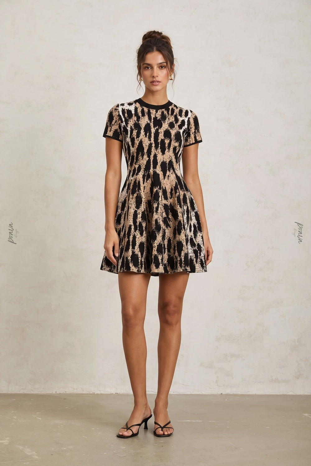 Black & Beige Abstract Leopard Print Structured Knit A-Line Mini Dress black, beige structured knit / jacquard dress - product view 1