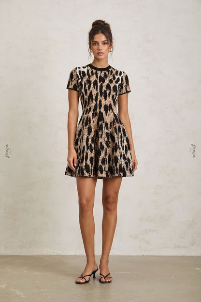 Black & Beige Abstract Leopard Print Structured Knit A-Line Mini Dress black, beige structured knit / jacquard dress - product view 1