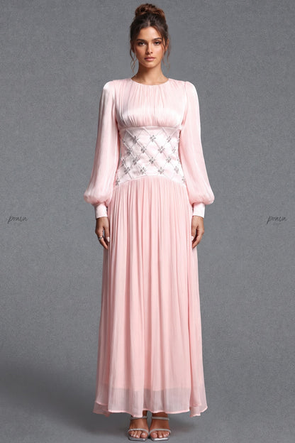 Pale Pink Chiffon A-Line Maxi Dress with Embellished Waist pale pink chiffon maxi dress - product view 1