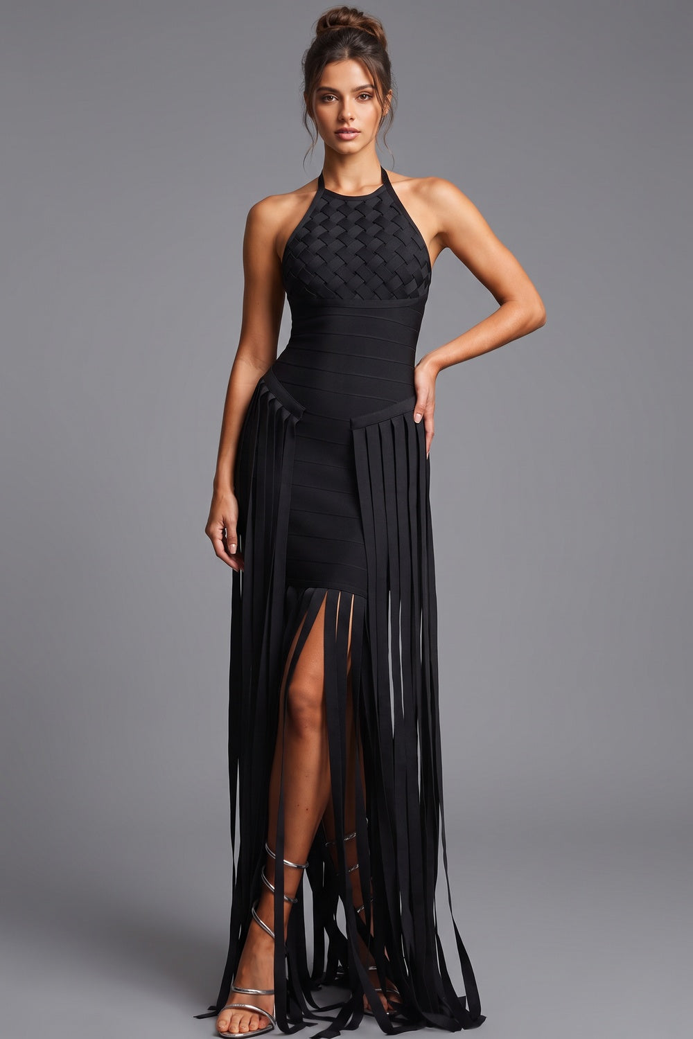 Black Bandage Knit Bodycon Gown with Fringe Overlay black bandage knit gown - product view 1