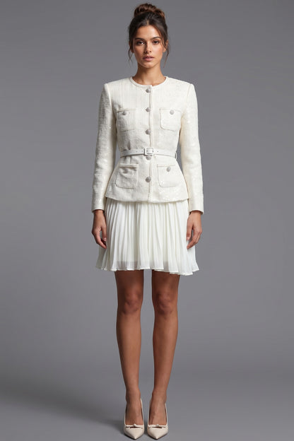 Off-White Tweed Skirt Suit Set with Peplum Jacket and Pleated Mini Skirt off-white, cream tweed skirt suit set - product view 1