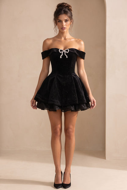Black Velvet Fit-and-Flare Mini Dress with Rhinestone Bow black velvet dress - product view 1