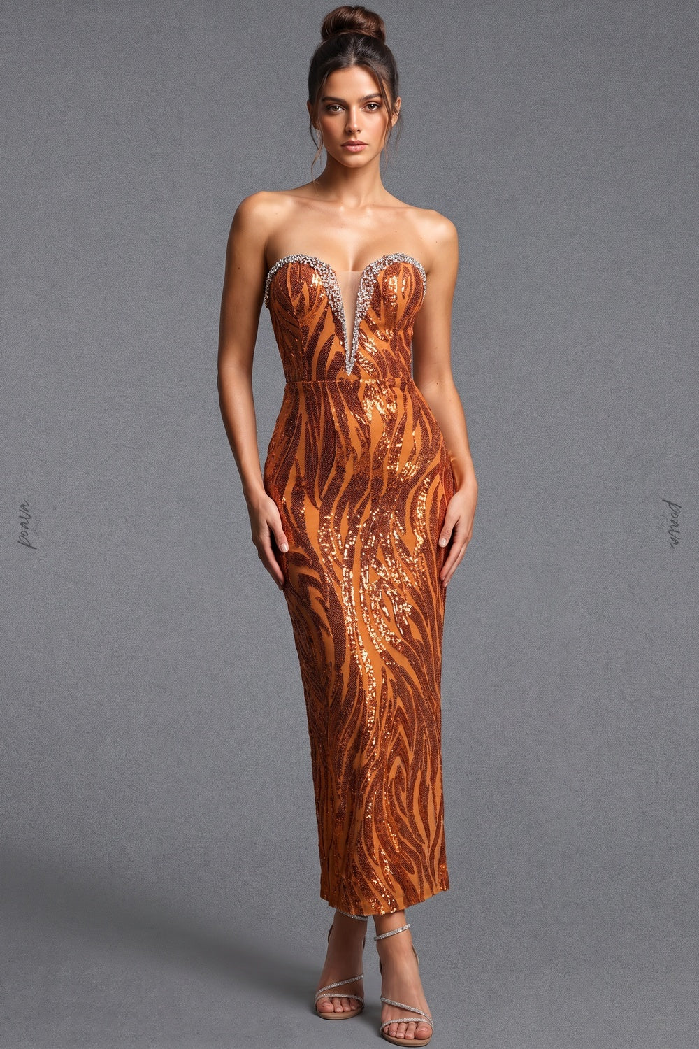 Copper Sequined Mesh Column Dress copper, bronze sequined mesh dress - product view 1