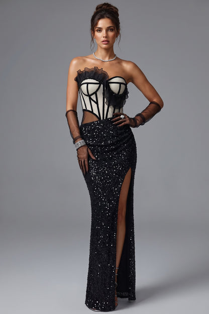 Black Sequined Knit Column Gown black sequined knit gown - product view 1