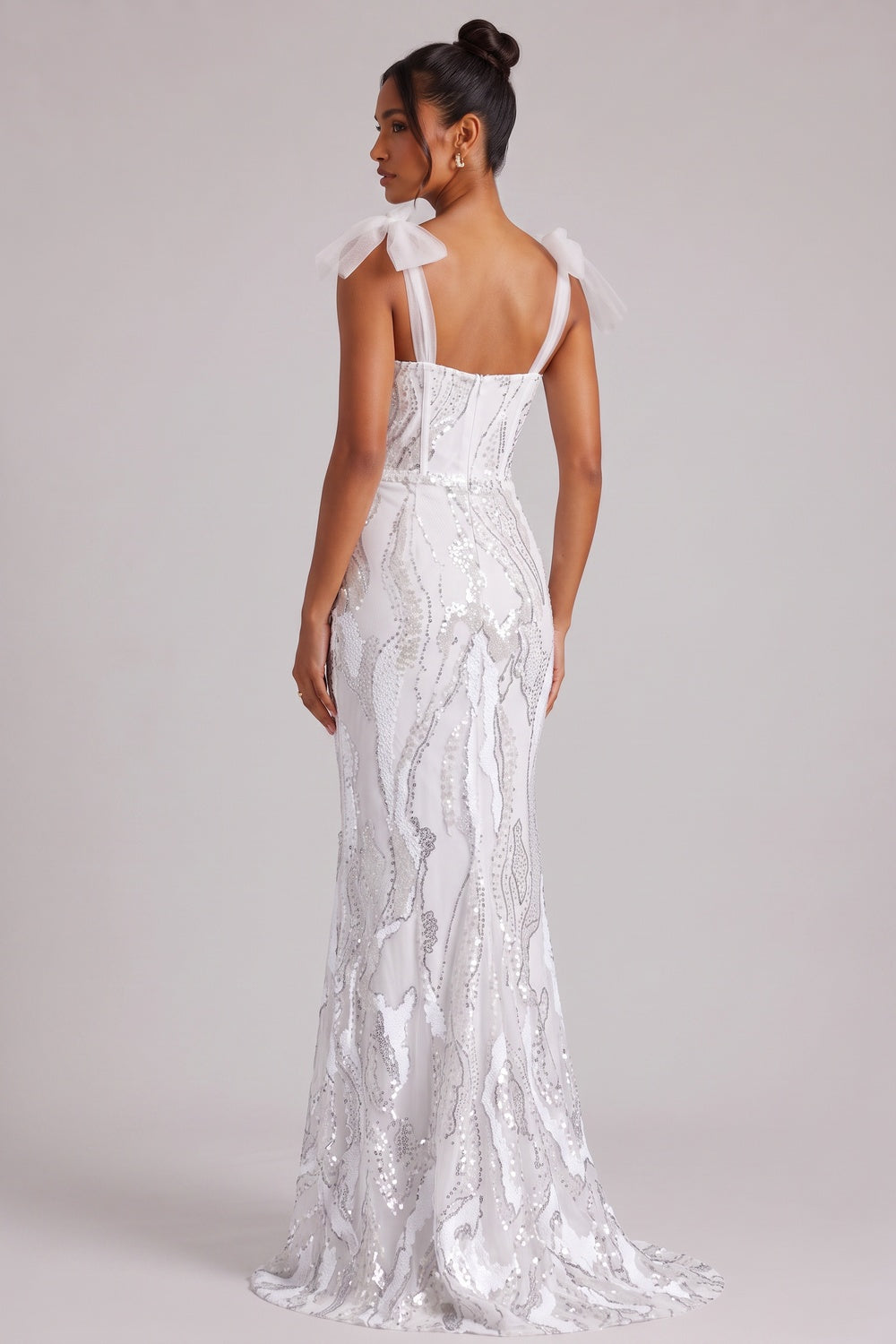 White Sequin Embellished Floor-Length Gown with Bow Shoulder Straps Premium Fabric - product view 1
