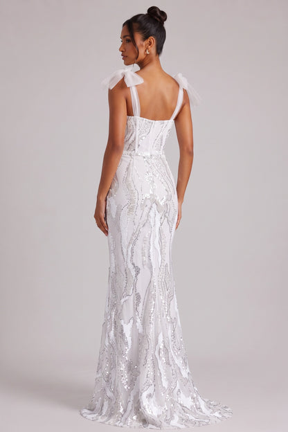 White Sequin Embellished Floor-Length Gown with Bow Shoulder Straps Premium Fabric - product view 1